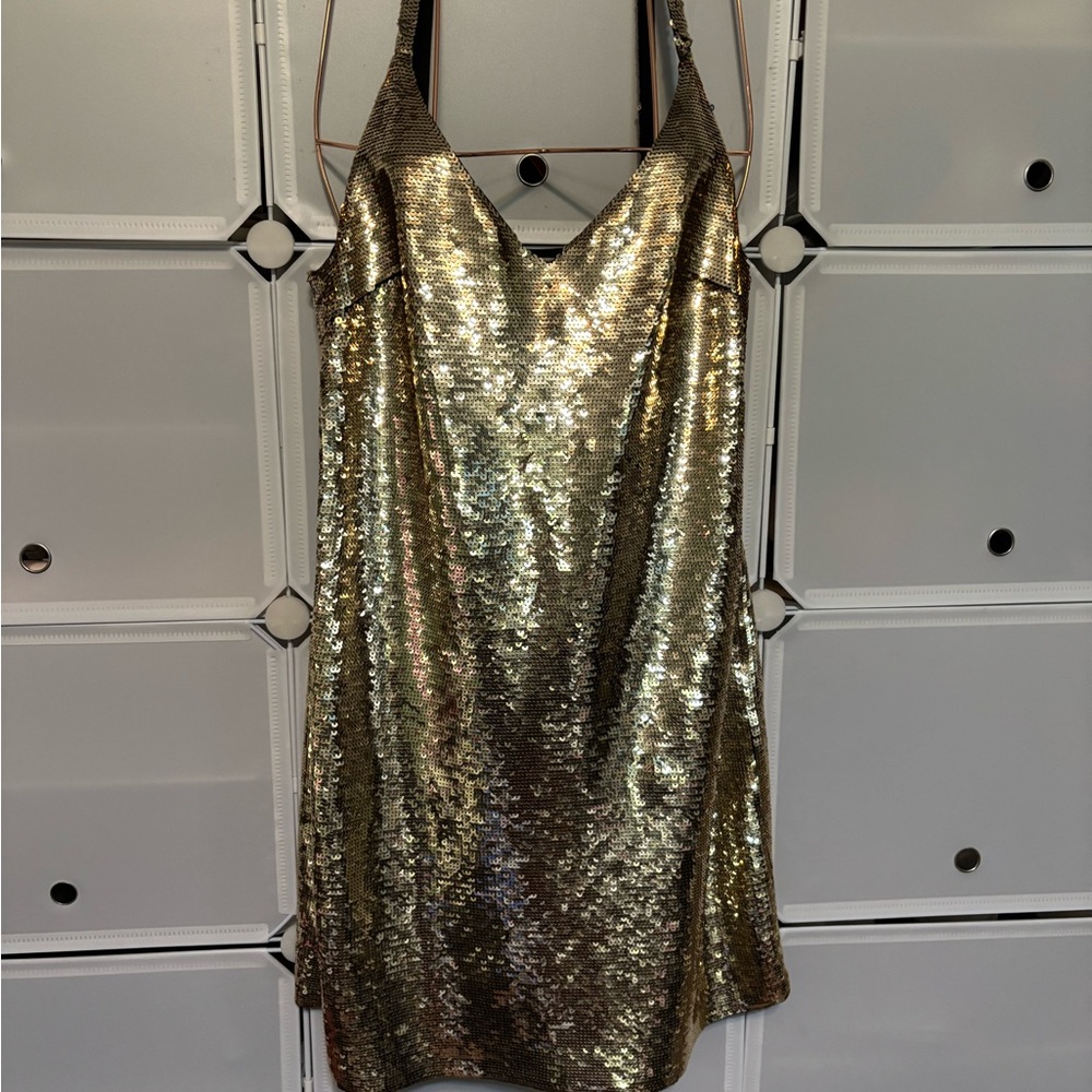 Gold Sequin Halter Dress